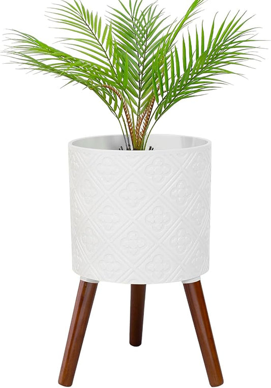 12 Inch Planter with Stand, Planter for Indoor Plants, Modern Large Flower Planter Pot with Drainage Holes for Outdoor,Matte White