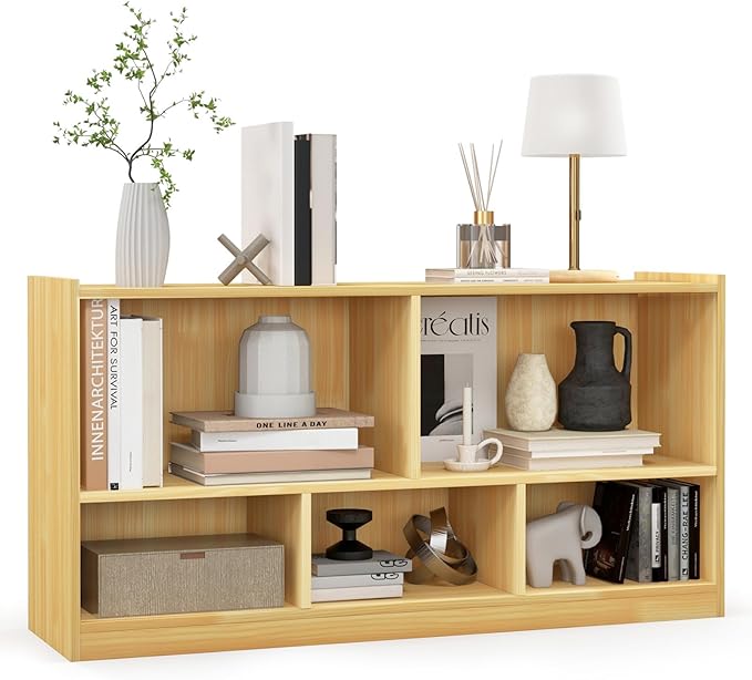 DORTALA 2-Tier Bookcase, 5 Cube Wood Storage Cube Bookshelf, Floor Standing Display Storage Shelf with Non-Slip Foot Pads, Storage Organizer Bookcase for Home Office, Living Room (Yellow)