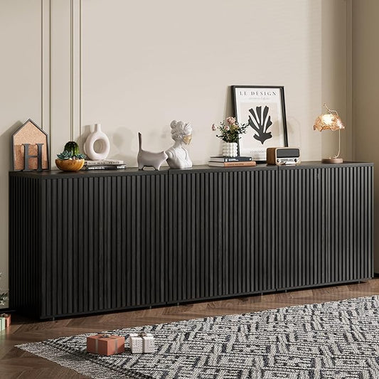 Rophefx Fluted Sideboard Cabinet, 94.5" Buffet Cabinet with Storage, Credenza Storage Cabinets with Adjustable Shelf, Wood Entryway Cabinets with Pop-up Door for Living Room, Entryway, Black Grey