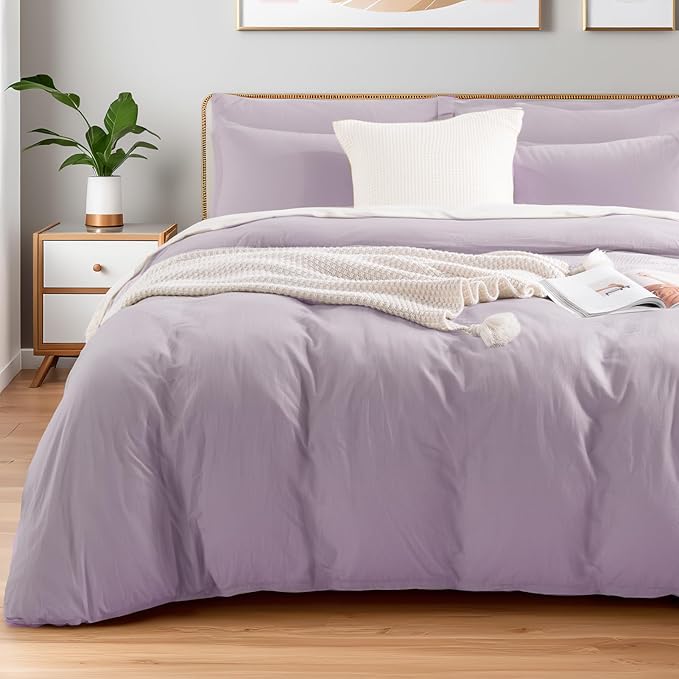 NEXHOME PRO Duvet Cover Set 100% Washed Cotton Oversized Queen 92"x98", Organic Natural Linen Look Textured 3 Pieces Bedding Set Lavender Lilac with Zipper Closure, Breathable Soft (No Comforter)