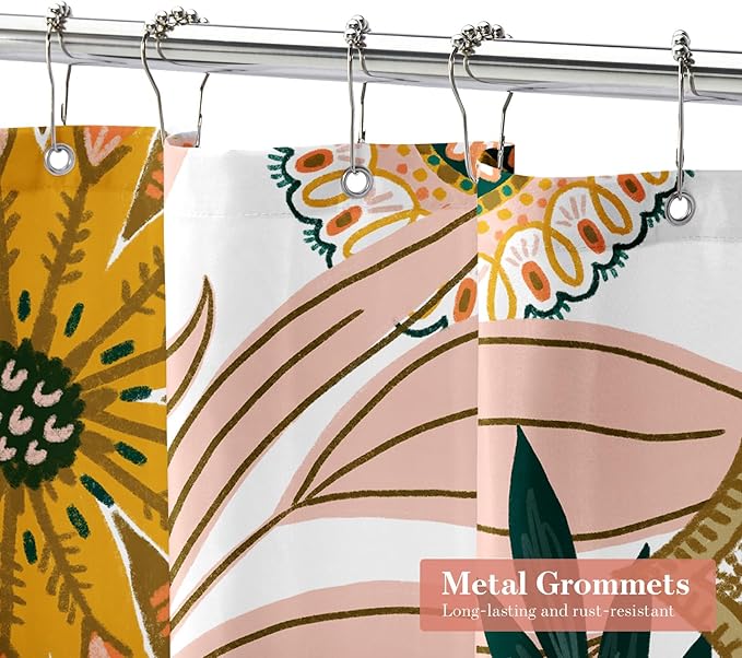MitoVilla Extra Long Boho Floral Shower Curtain 72 x 84, Spring Leaves Shower Curtain, XL Chic Shower Curtains for Vintage Bathroom Decor, Bohemia Colorful Flower