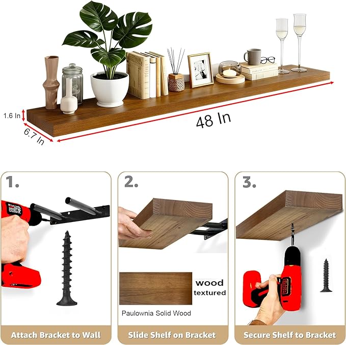 IAE Walnut Floating Wall Shelves 48 inch, Bathroom Shelf Wall Mounted,Invisible Shelving Floating Kitchen Shelf,Wooden Wall Shelves with Brackets for Living Room Wall Mounted,Easy Install,Set of 2