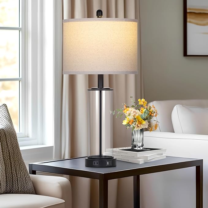 Ruzectt 26" Glass Table Lamp Single, 3-Way Dimmable Touch Control Living Room Lamp with USB C+A Ports & AC Outlet, Modern Bedside Lamps, Bedroom Lamps for Nightstand Side End Table Desk, Black-1PK