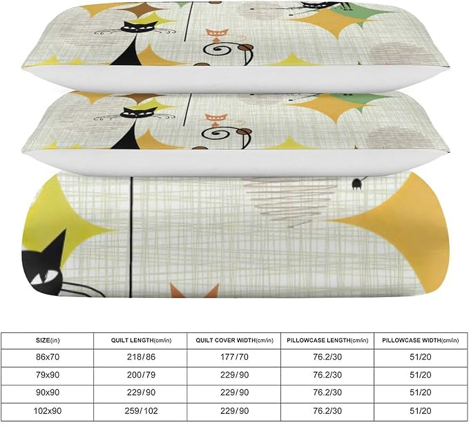 Mid Century Duvet Cover Sets Vintage Black Cat Modern Style Printed Lightweight Soft Quilt Cover Abstract Geometric Minimalist Soft Microfiber 3 Piece (1 Duvet Cover 90x90in + 2 Pillow Sham 20x30in)