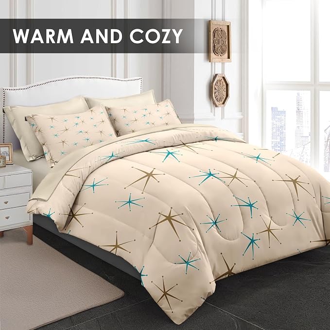 Pamnest Comforter Set Twin Size, Mid Century Vintage Atomic 5 Pcs Bedding for Kids and Adults, Retro Geometric Science Bed Sheet Sets with Fitted Sheet Pillowcase & Sham for Bedroom Bed Decor