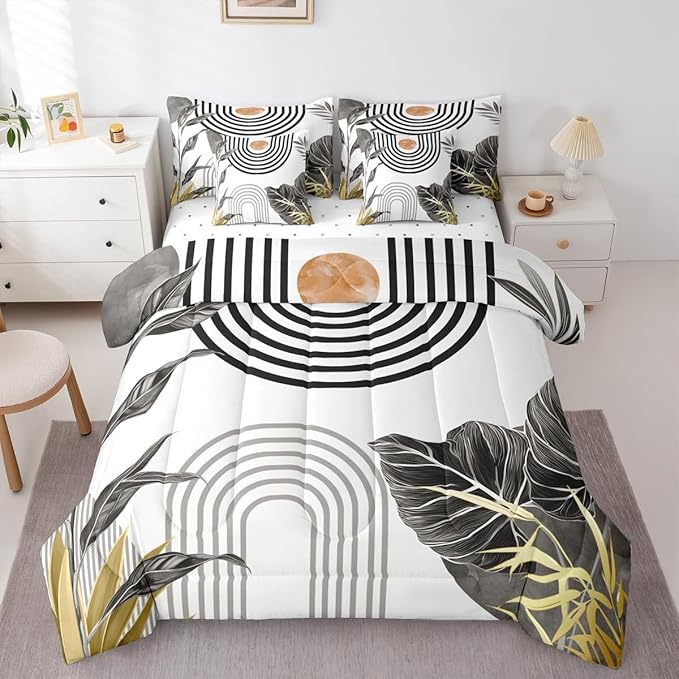 Erosebridal Modern Boho Bedding Set Queen Grey White Aesthetic Comforter Set 7 Piece Abstract Mid Century Bed in A Bag for Kids Adults Simple Tropical Palm Leaf Quilt with Flat Fitted Sheet