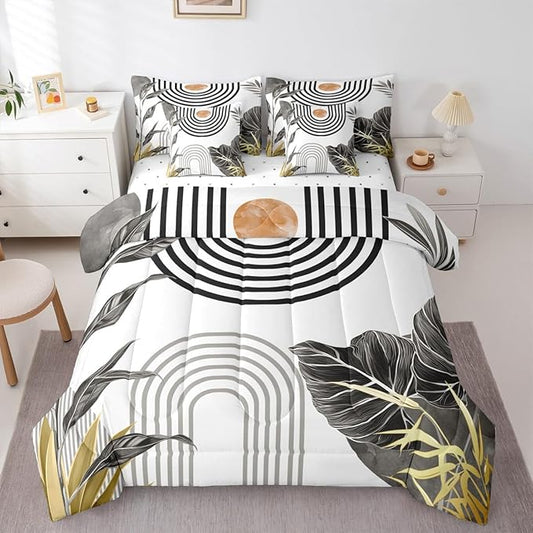 Erosebridal Modern Boho Bedding Set Queen Grey White Aesthetic Comforter Set 7 Piece Abstract Mid Century Bed in A Bag for Kids Adults Simple Tropical Palm Leaf Quilt with Flat Fitted Sheet