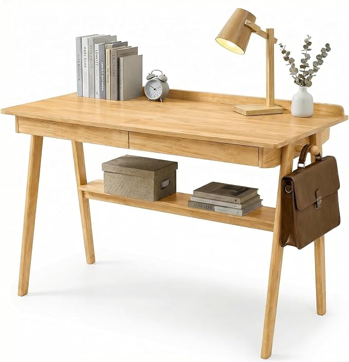 Solid Wood Writing Desk for Small Space, Mid Century Modern Computer Desk with 2 Drawers & Storage Shelf, Side Hooks for Home Office Bedroom, Wood