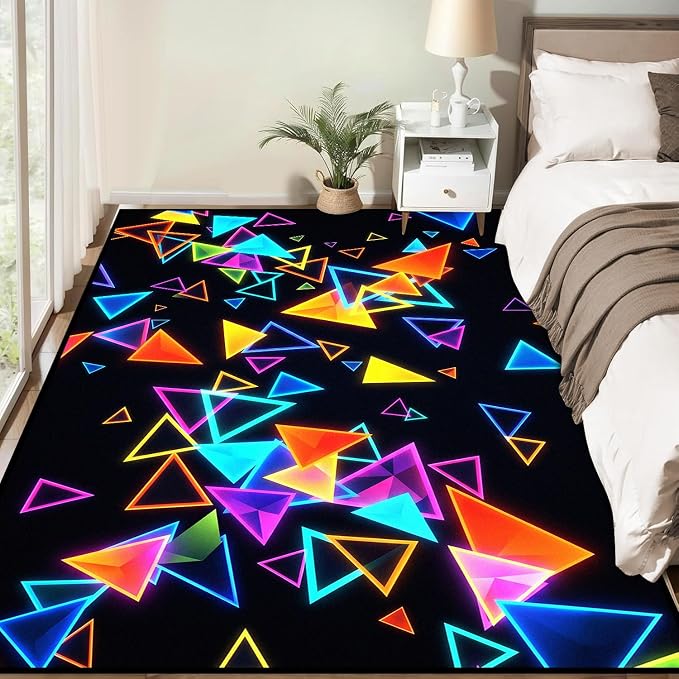 Triangle Area Rug 5'x7' Blacklight Glow in The Dark Geometric Rug Non-Slip Washable Colorful Neon Light Floor Mat for Bedroom Living Room Nursery Kitchen Playroom Home Decor