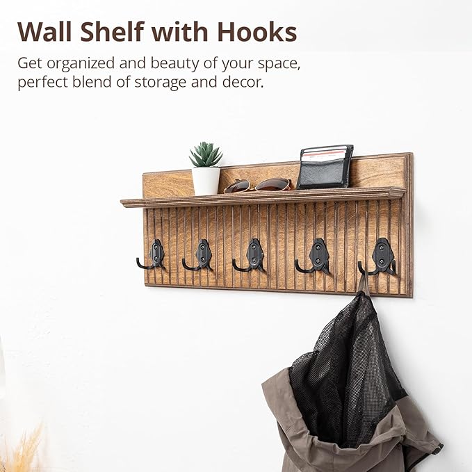 Rustic Wall Mounted Coat Rack with Shelf Wooden Entryway Organizer with 5 Metal Hooks for Coats Hats Towels Keys Floating Storage Shelf for Bathroom Bedroom (Walnut, 24 inch Striped (4 Hooks))