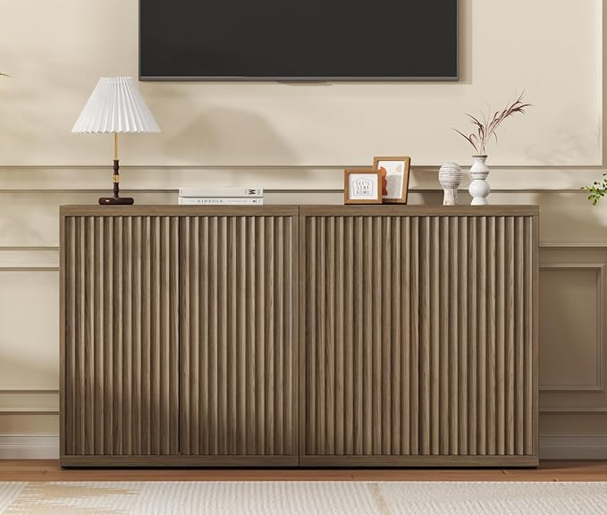 Fluted Sideboard Cabinet with Storage, Mid Century Modern Accent Cabinet, Wood Credenza Cabinets with Adjustable Shelves & Pop-up Doors Perfect for Entryway Kitchen Living Room, Brown 2pcs