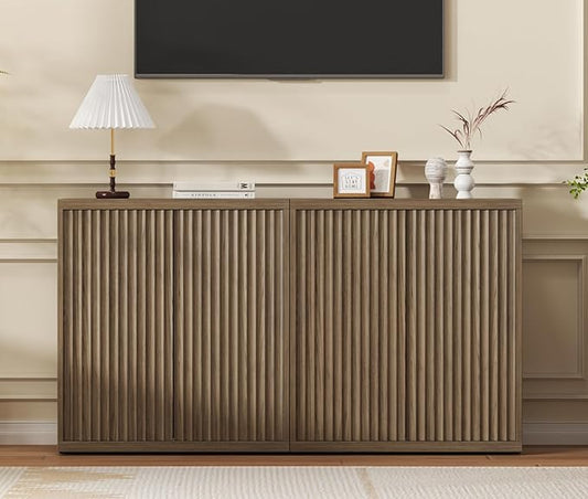 Fluted Sideboard Cabinet with Storage, Mid Century Modern Accent Cabinet, Wood Credenza Cabinets with Adjustable Shelves & Pop-up Doors Perfect for Entryway Kitchen Living Room, Brown 2pcs