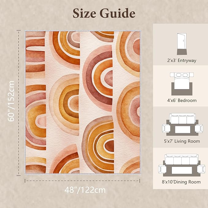 Retro Arcs Area Rug 4x5, Minimalist Arch Pattern Rug, Modern Retro Neutral Carpet for Living Room Bedroom, Non Slip Washable Rug