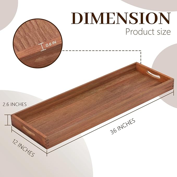 MAONAME Extra Large Cherry Wood Serving Tray with Handles, 36 x 12 inches Wooden Ottoman Tray, Long Serving Board for Party Breakfast Dinner, Classic Charcuterie Board for Meat, Cheese & Appetizers