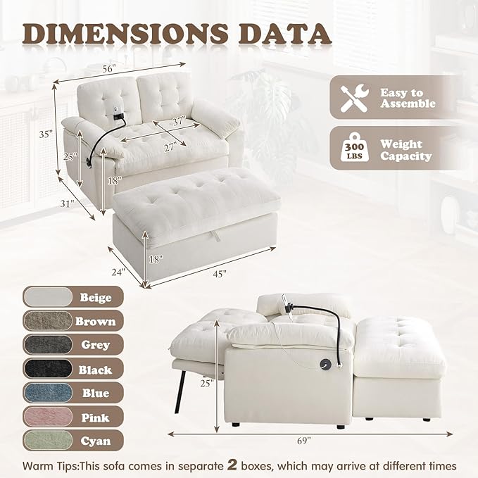 Oversized Chaise Lounge Chair Indoor with Ottoman&Adjustable Backrest,Chenille Tufted Recliner Comfy Loveseat Sofa Chair with USB&Phone Holder,Convertible Sleeper Couch Bed for Living Room(56"W,Beige)