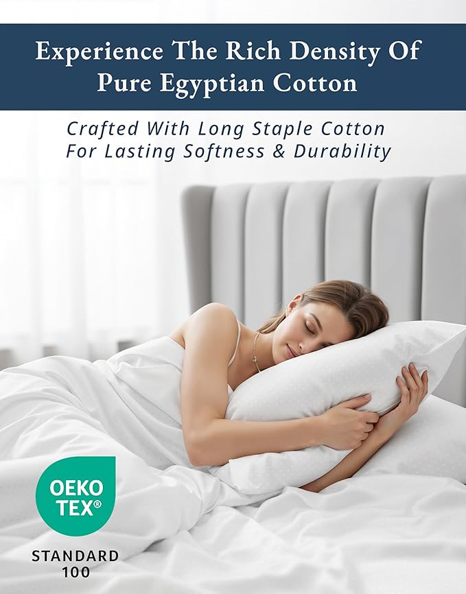 100% Egyptian Cotton Sheet Set Queen Size – Silky Sateen Weave Queen Sheet Set for Winter Sleep Comfort, 15" Snug Fit Deep Pocket, Breathable Hotel-Quality Soft Luxury You Can Feel - Swiss Dot White
