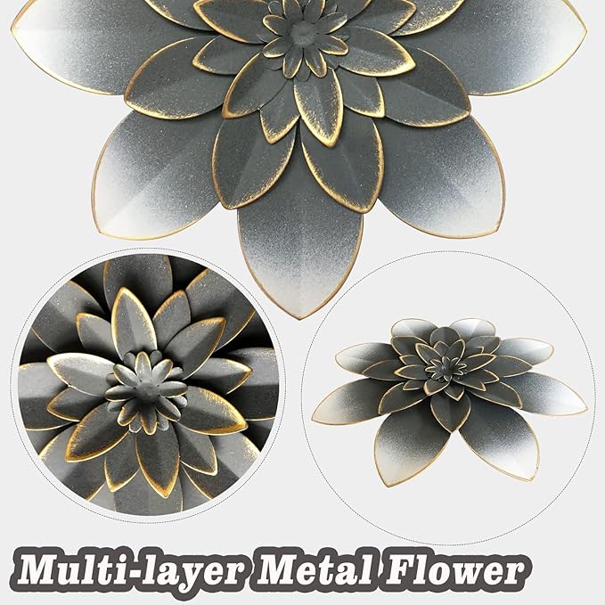Grey Metal Flower Wall Art Decor, 9.5“ Rustic Modern Floral Sculpture, Distressed Iron Wall Hanging Home Decoration Accent Artworks for Indoor Kitchen Bedroom Living Room Office Outdoor Garden Patio