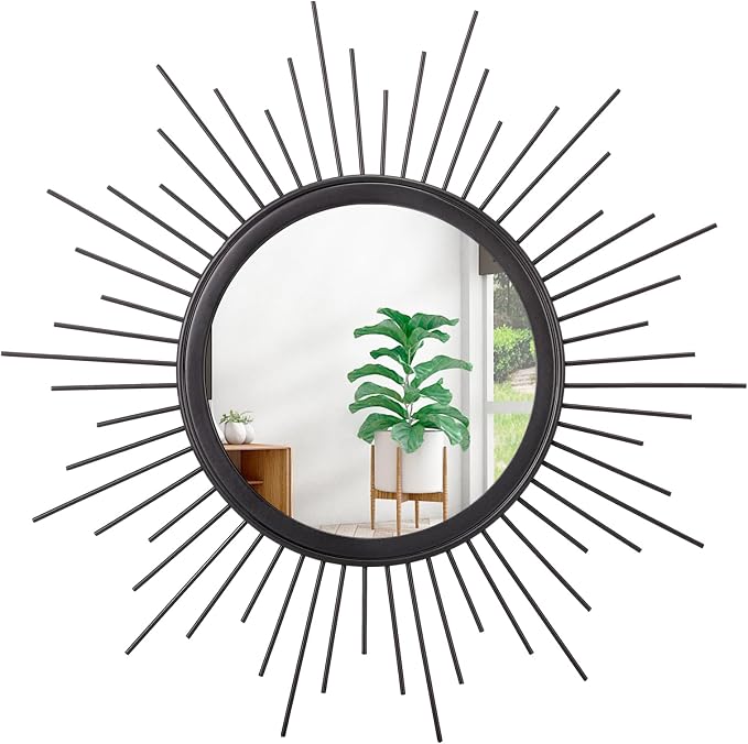 Large Sunburst Wall Mirror Boho Home Decor Round Wall Art Mirror Modern Metal Hanging Mirror Bathroom Bedroom Hallway Balcony Vanity Living Room Entryway Black 20"