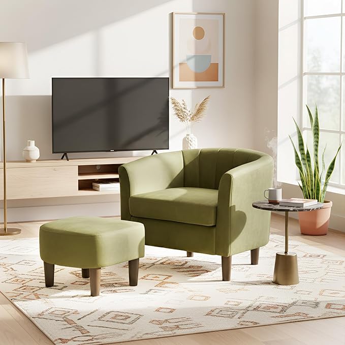 FDW Velvet Barrel Accent Chair with Ottoman, Modern Armchair with Ottoman Set, Comfortable Reading Chair for Living Room, Bedroom & Apartment Lounge, Green