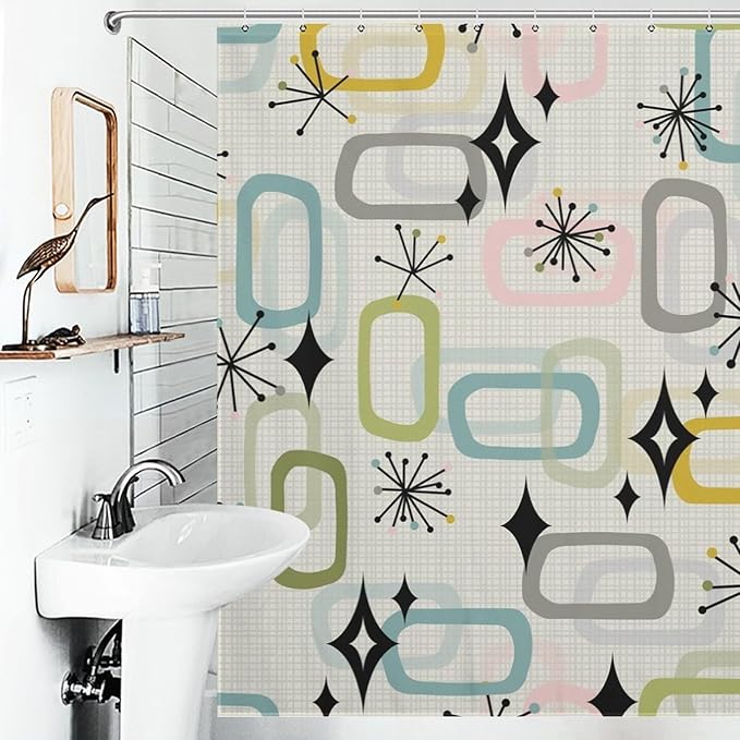 Vintage Mid Century Shower Curtains Retro Geometric Atom Square Pattern Design Washable Waterproof Fabric for Bathroom Decor Bathtub with 12 Hooks 72x72in (183x183cm)