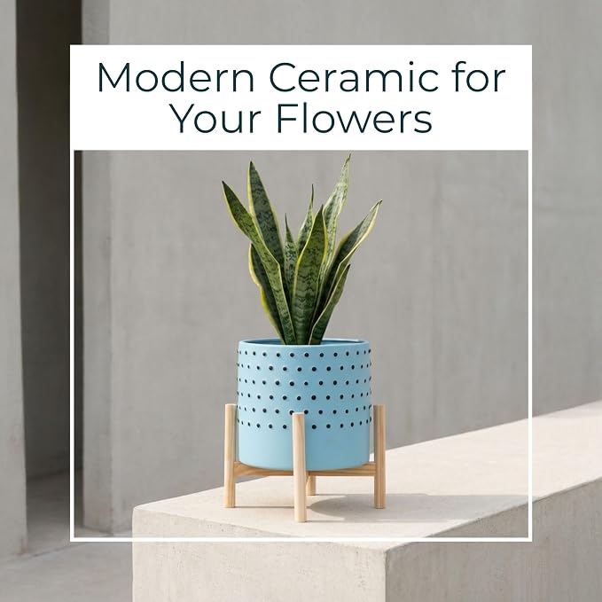 Ceramic Planter With Stand Indoor – Plant Stand Indoor For Elevated Greenery, Living Room Or Patio Placement, Textured Blue Home Decor Design Adds Height And Visual Impact – 11", Blue