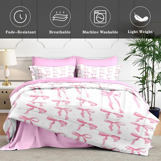 7Pcs Comforter Set Queen Size, Cute Coquette Pink Bow Bowknot, Bedding Decor Sweet Themed Elegant Girly Baby Bedroom Bed Set Flat Sheet Fitted Sheet Pillowcases Shams for Kids Adults
