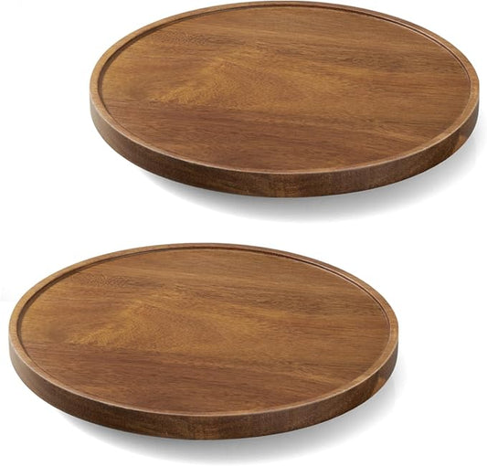 2 Pack 10" Acacia Wood Lazy Susan Turntable Organizer for Cabinet, Round Serving Tray Decorative Tray Vintage Centerpiece Candle Holder Tray, Farmhouse Tray for Kitchen Countertop Coffee Table Decor