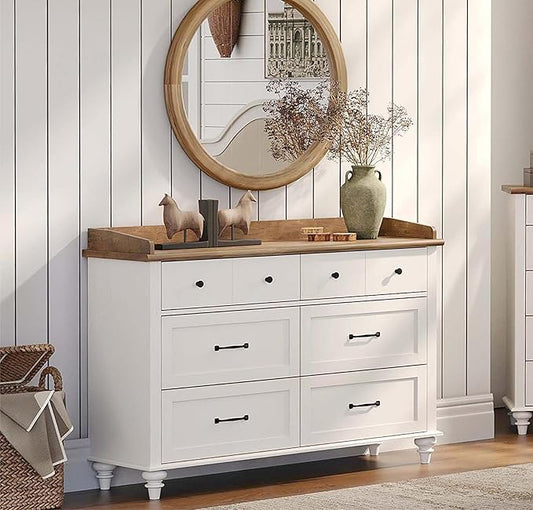 WAMPAT Off White Dresser for Bedroom with 6 Drawers, Wooden Dresser TV Stand with Wide Chest of Drawers, Mid Century Modern Closet Storage Organizer for Living Room, Hallway, Nursery