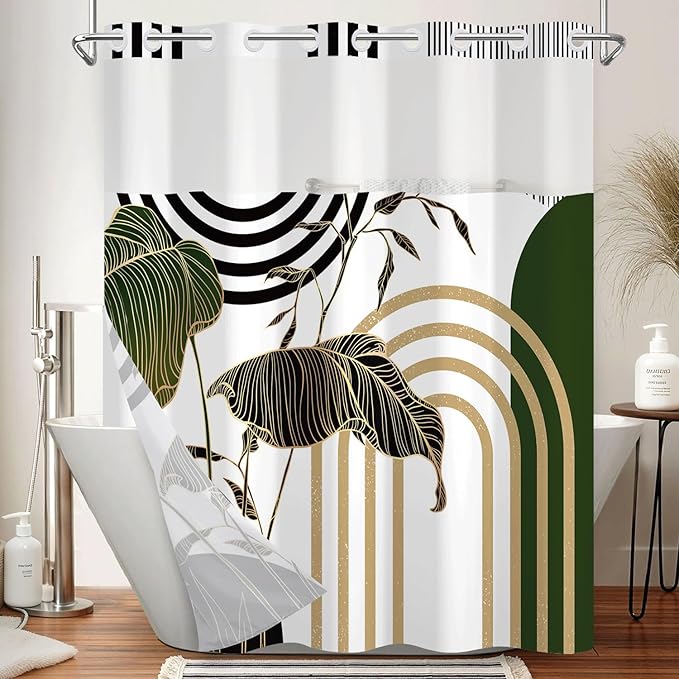 No Hook Shower Curtain with Snap in Liner Set, Abstract Tropical Botanical Print Shower Curtains for Boho Mid Century Modern Bathroom, Waterproof Bath Curtain with Mesh Top, 71x74 Inch