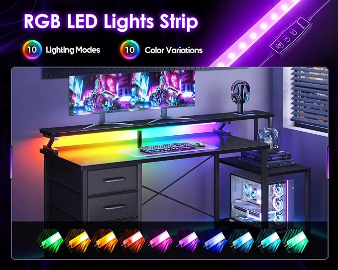 ODK 55 Inch Computer Desk with 4 Drawers, Office Desk with LED Lights and Storage Shelves, Large Writing Study Table for Home, Bedroom, Study or Gaming Setup, Black