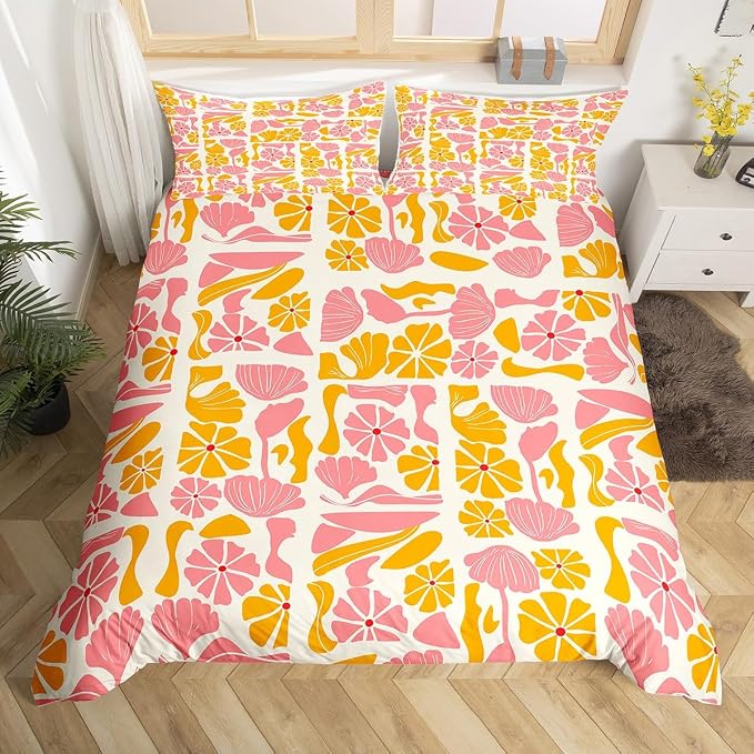 Erosebridal Boho Abstract Colorful Floral Duvet Cover Full Vintage Retro Patchwork Orange Pink Bedding Set Flower Botanical Geometric Comforter Cover for Kids Adults,Aesthetic Groovy Bed Set