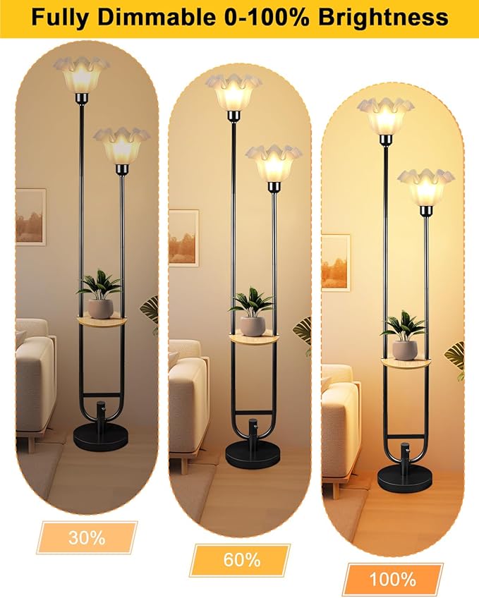 Dimmable Flower Floor Lamps with Table, 2-Lights Floral Floor Lamp, 3000K Warmwhite Candle Holder Style Modern Floor Lamp, Rustic Black Standing Lamp for Living Room Bedroom