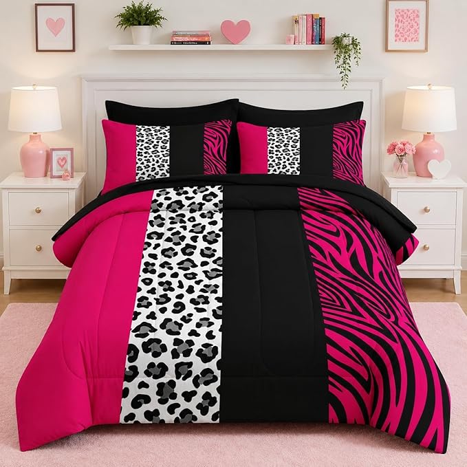 Nesker Comforter Set King Size, Leopard Color Block Pink 7 Pcs Bedding for Kids and Adults, Wild Zebra Print Bed Sheet Sets with Fitted Sheet 2 Pillowcases & 2 Shams