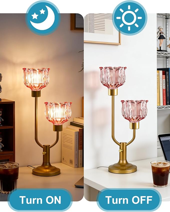 Lightdot Mid Century Modern Red Table Lamp Dimmable Vintage Gold Flower Desk Lamp Lotus Glass Nightstand Lamp 2 Bulbs Included Warmwhite Ambient Bedside Lamps for Living Room Bedroom Home Office Decor