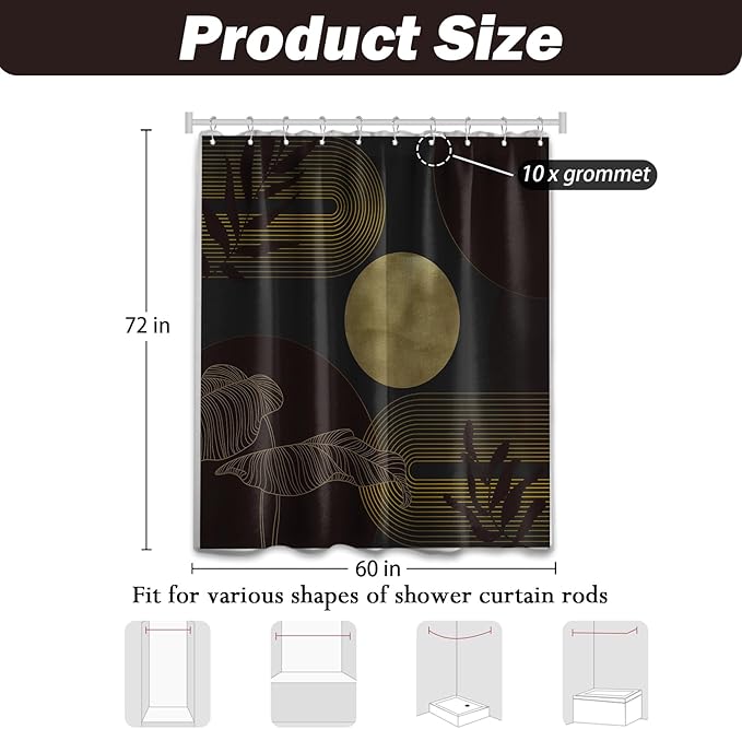 Black Dark Red and Gold Shower Curtain Burgundy Modern Shower Curtains for Bathroom Decor Boho Mid Century Bath Curtain Set, Waterproof Fabric with Hooks 60 x 72 Inch