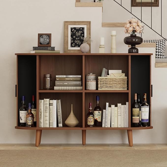 Fluted Sideboard Buffet Cabinet with Sliding Doors, Curved Edge Design for Dining Room Kitchen Living Room, 47" Console Table Credenza with Storage (Walnut)