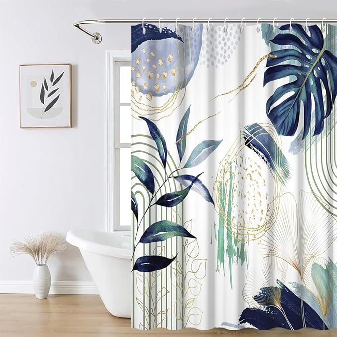 Mid Century Boho Shower Curtain Dark Green and Blue Palm Leaf Abstract Minimalist Aesthetic Bathroom Decor Watercolor Plant Bathtub Curtains Washable Waterproof Polyester Fabric with Hooks 72x84 Inch