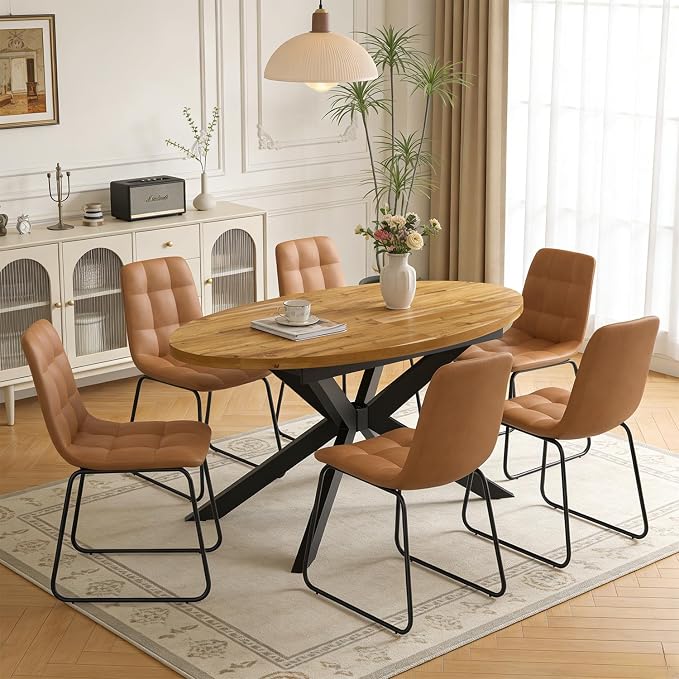 63"-78.7" Extendable Round Dining Table Set for 6, 7 Piece Mid Century Modern Oval Kitchen Table Set, Large Dining Table with 6 Dining Chairs for Living Room Space Saving（Walnut Table+6 Brown Chairs)