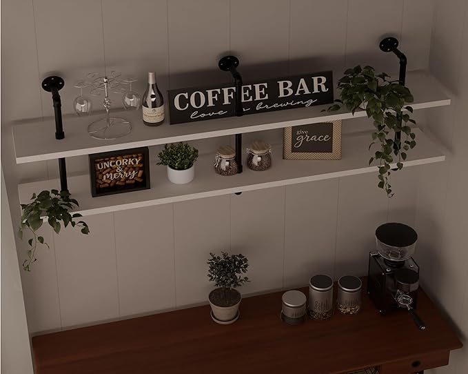 HDDFER Industrial Pipe Shelving Rustic White Pipe Wall Shelves Industrial Shelves with Wood Planks Floating Shelves 60 Inch Farmhouse Bathroom,Kitchen Shelving Wall Mounted