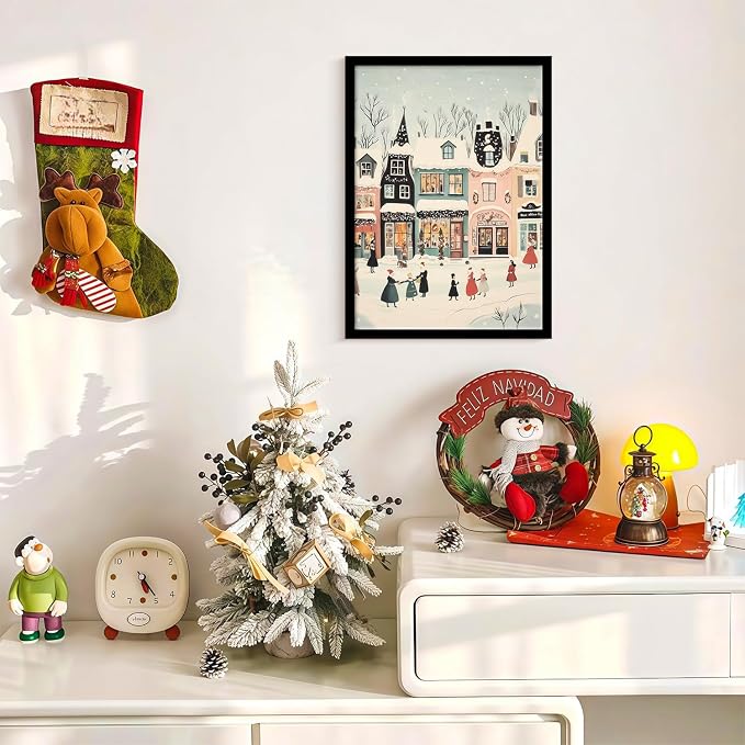 Framed Winter Street Scene Canvas Wall Art Retro Painting Print Poster Picture Gallery Wall Decor Living Room Bedroom Dining room 16X24 Inch Ready to Hang