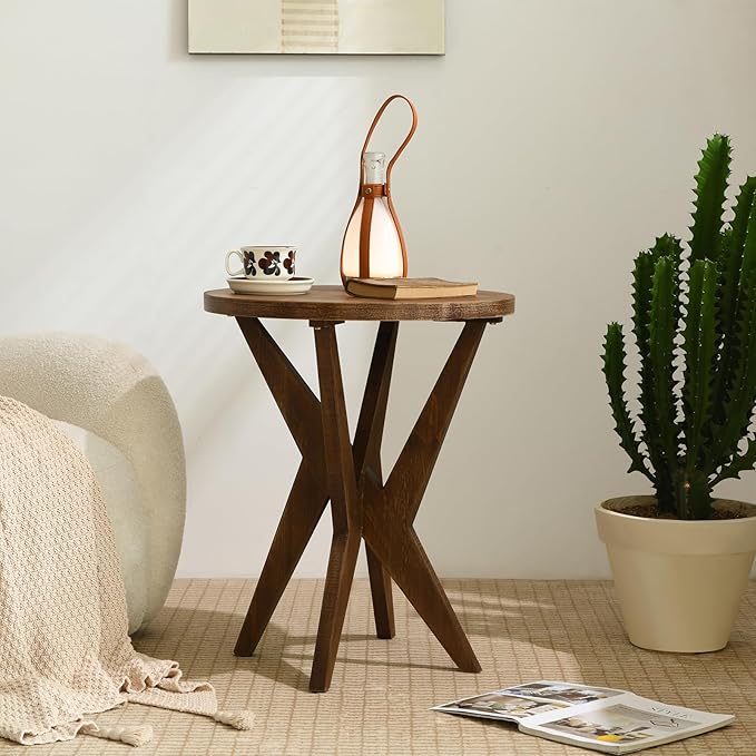 Farmhouse Round End Table with MDF Top and Crossed Legs, Boho Side Table Mid Century Modern Small Accent Table for Small Space Stable Nightstand for Living Room, Natural Wood