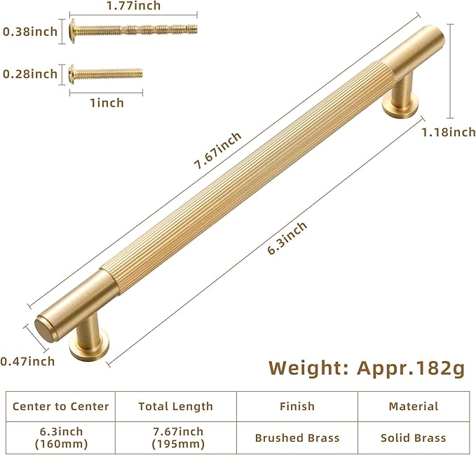 SALISENG-2 Pack Gold Kitchen Cabinet Handles, Brushed Brass Pulls for Dresser Drawer Cupboard Closet, 6.3 Inches Bedroom Bathroom Cabinet Door Pulls Kitchen Hardware