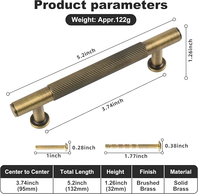5 Pack Antique Brass Kitchen Cabinet Pulls, 3-3/4 Inch Solid Brass Dresser Drawer Handles， Modern Door Pulls for Cupborard Wardrobe Closet Vanity Furniture Hardware