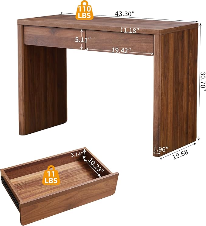 43 Inch Small Computer Desk with 2 Drawers, Mid Century Modern Writing Study Table for Home Office, Vintage PC Work Desk with Storage for Bedroom Small Spaces, Easy Assembly, MDF - Walnut