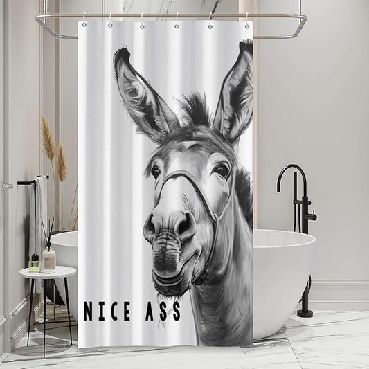 Funny Donkey Shower Curtains Joke Hilarious Animal Bathroom Curtain Rustic Farmhouse Cute Donkey White Shower Curtain Sets for Bathroom Extra Long 54x72 in with 10 Hooks