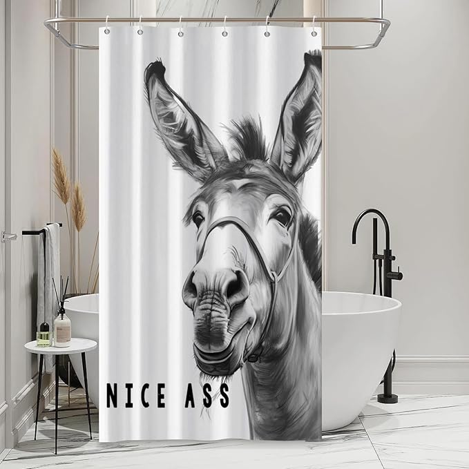 Funny Donkey Shower Curtains Joke Hilarious Animal Bathroom Curtain Rustic Farmhouse Cute Donkey White Shower Curtain Sets for Bathroom Extra Long 36x72 in with 6 Hooks