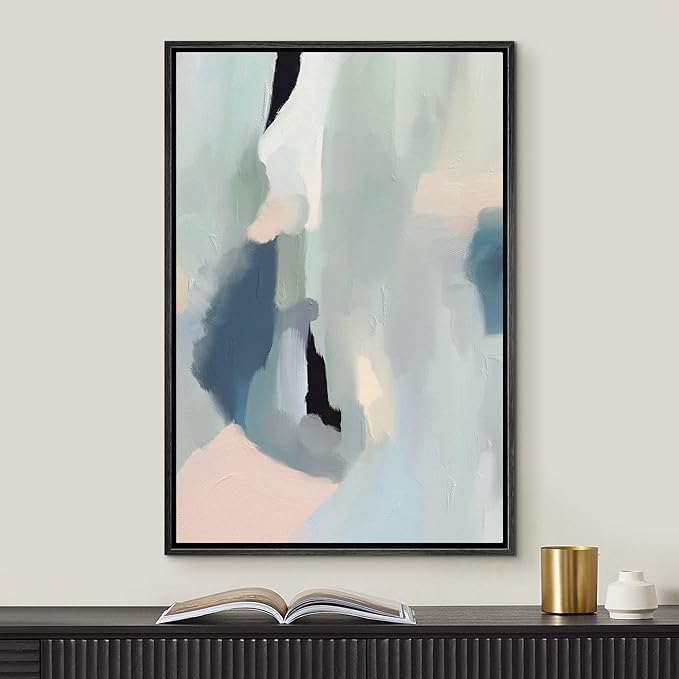 MUDECOR Framed Canvas Print Wall Art Blue Pink Pastel Watercolor Collage Abstract Shape Illustrations Modern Art Decorative Bohemian Colorful Chic for Living Room, Bedroom, Office - 16"x24" Black