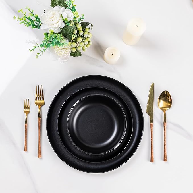 AmorArc Ceramic Dinnerware Sets, Wavy Rim Stoneware Plates and Bowls Sets,Dishwasher & Microwave & Oven Safe Dishes set, Service for 4 (12pc)-Matte Black