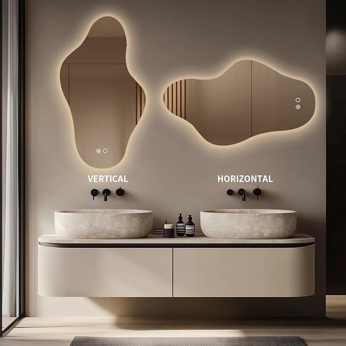 35.8″ Modern Irregular LED Bathroom Mirror with Lights, Asymmetrical Frameless Smart Lighted Wall Mirror for Living Room Entryway, Large Decorative Makeup Vanity Mirror with Touch Switch