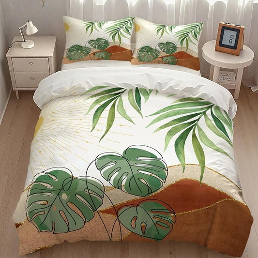 Boho Sunrise Bedding Set,Mid Century Aesthetic Tropical Palm Leaves Abstract Minimalist Comforter Set with Pillowcase for Bedroom Bed Decor，Twin 86"x70"